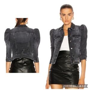 Retrofete Ada Denim Distressed Puff Sleeve Washed Denim Jacket